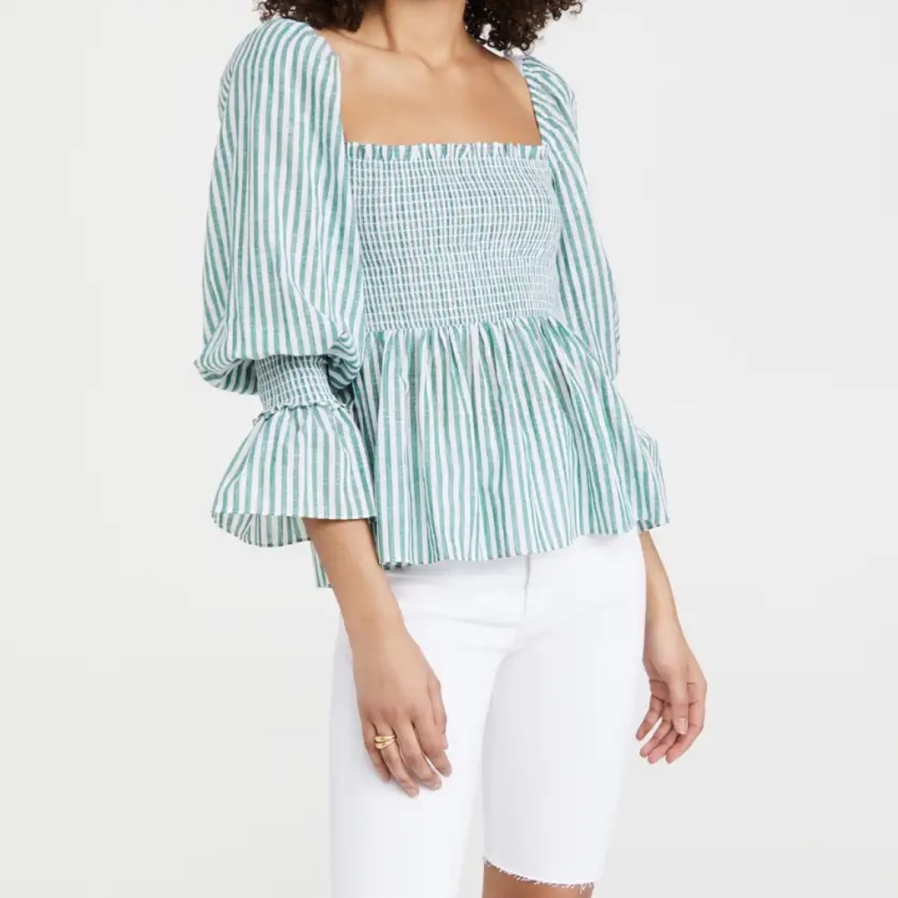 Cinq a Sept Peasant Green Striped Smocked Cotton Top M Square Neck Flounce Cuffs